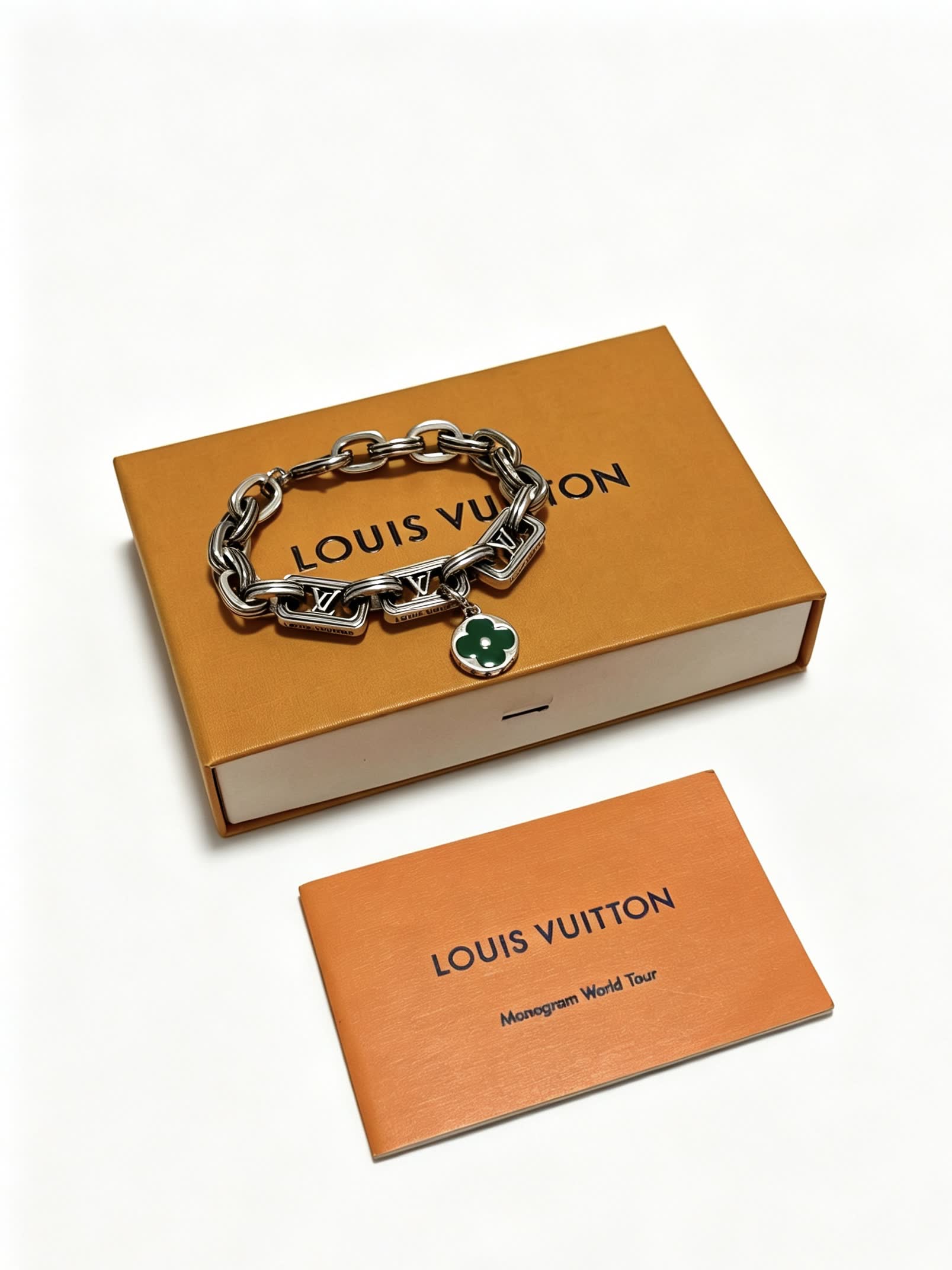 Louis Vuitton Silver Bracelet with Green Clover Charm